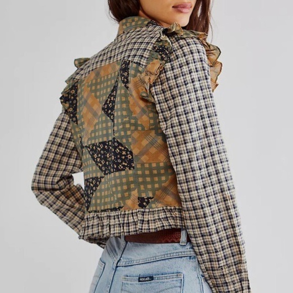 Free People Patchwork Plaid Ruffle Blouse - Picture 7 of 15